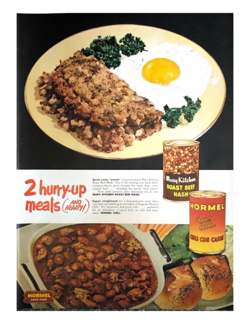 1955 Hormel Chili Mary Kitchen Roast Beef Hash Vintage Print Ad 2 Hurry Up Meals