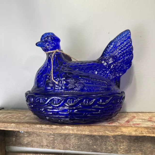 Mid Century Cobalt Blue Hen on Nest/ Covered Candy Dish 7 X 9.5 LE smith