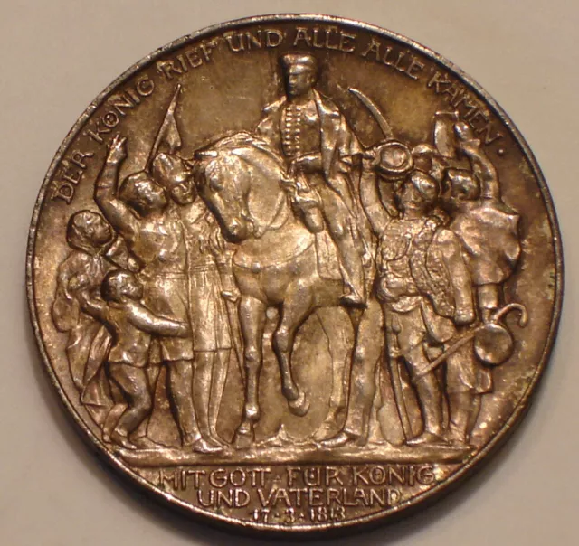 1913 Silver 3 Mark German State of Prussia  DEFEAT OF NAPOLEON nice HI GRADE