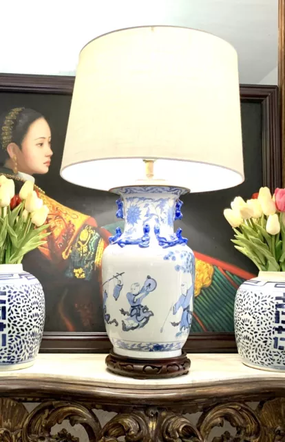 Lamp Blue & White Vintage Oriental Porcelain Hand Painted With Salamander Design 2