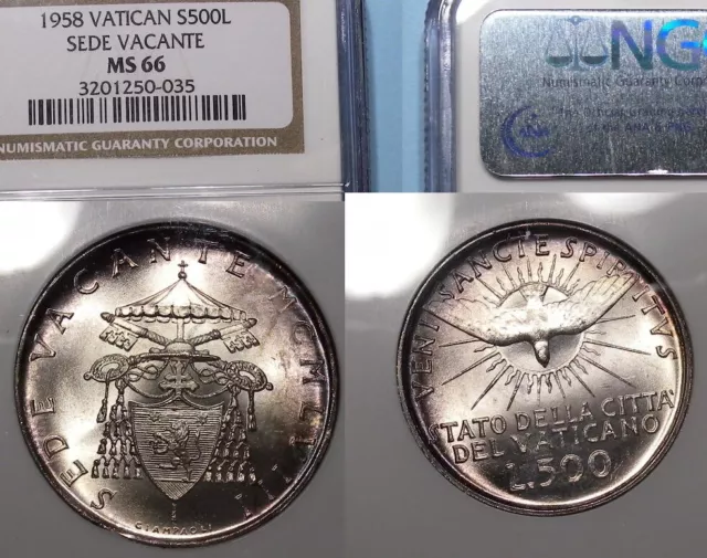 1958 Vatican City Silver 500 Lire Sede Vacante Ngc Ms 66 Color #52-43