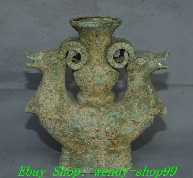 8" Old Chinese Shang Dynasty Bronze Ware Sheep Goat Zun Beast Head Bottle Vase