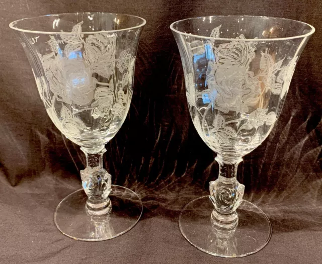 2 VTG Heisey Elegant Etched Crystal Heisey "Rose" Water Wine Glass Goblet