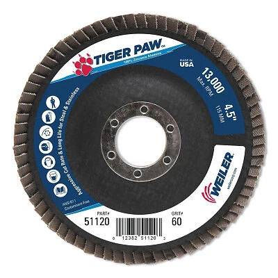 Tiger Paw™ Ty29 Coated Abrasive Flap Disc, 4-1/2 In, 60 Grit, 7/8 Arbor, 13,000