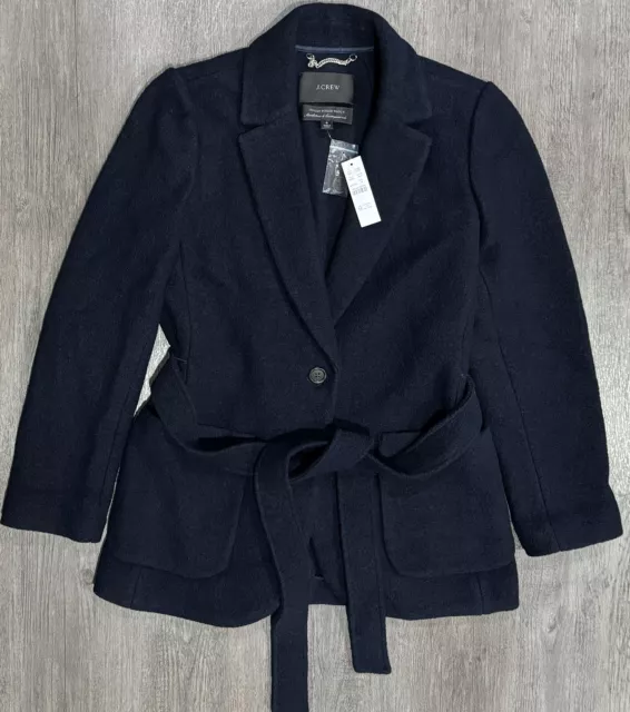 J Crew Wrap Blazer Coat Womens Sz 8 Navy Blue In Italian Boiled Wool 100% NWT