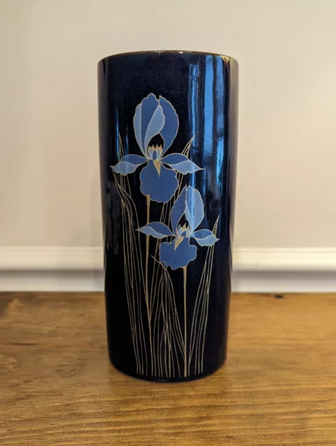 Vintage Otagiri Japan navy floral Blue Iris Oval Flower vase 8.5" Decor