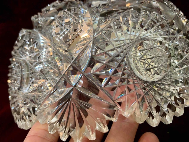 Vintage American Brilliant Cut Glass Crystal Bowl Sharp Latticework Radial Stars 5