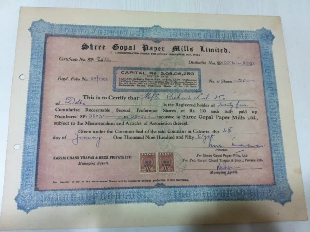 Shree Gopal Paper Mills Thapar Group 2Nd Pref Stock Share Certificate Rev 1958