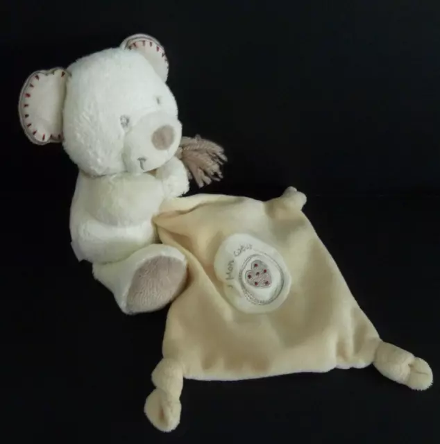 *. DOUDOU PELUCHE POMMETTE OURS ECRU BLANC MOUCHOIR MON COEUR ROUGE 19c  NEUF*
