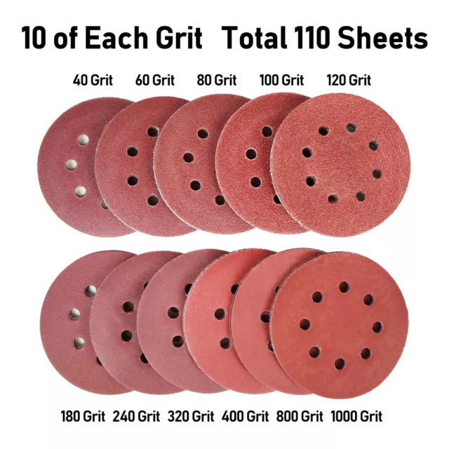 110Pcs 5in 8 Hole Sanding Discs Orbital Sandpaper Hook and Loop Assortment Grit