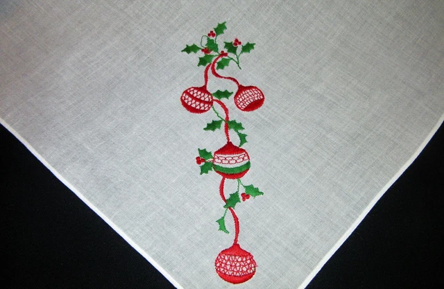 Vintage Hankie Embroidered Christmas Bulbs and Holly