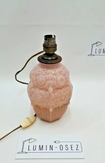 Ancien Pieds De Lampe Opaline Moulé Rose Motif Fleurs Art Déco