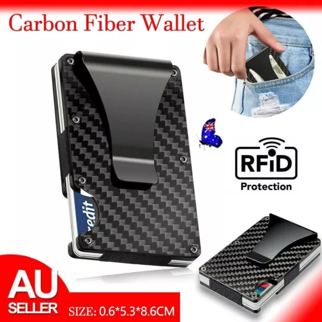 Men Slim Carbon Fiber Credit Card Holder RFID Blocking Metal Money Clip Wallet