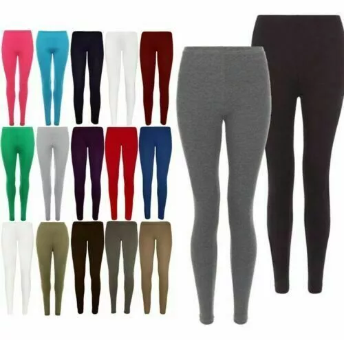 Womens Ladies Full Length Leggings Black + Colours Cotton Plain