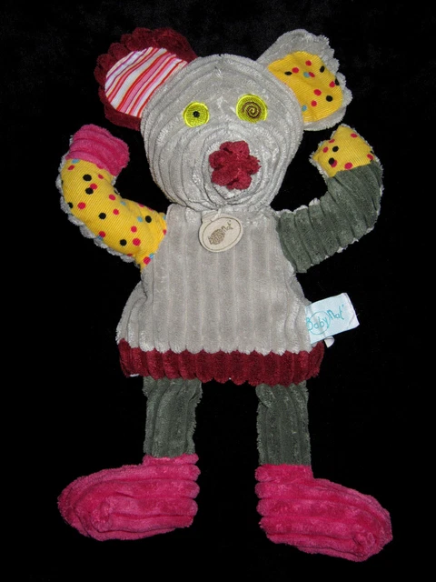 Doudou Marionnette Patchwork Souris grise rose jaune Babynat' Baby Nat'