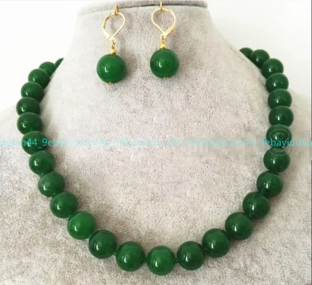 Natural 6/8/10mm Green Jade Round Gemstone Beads Necklace Earrings Set AAA 18"