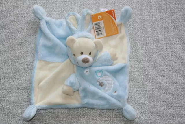Auchan Doudou Ours Plat Deguise Lapin Ecru Bleu Oiseau Etoile Lune 4 Noeuds Neuf