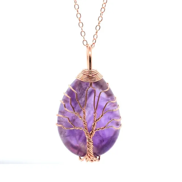 Natural Crystal Quartz Gem Wire Wrapped Tree Of Life Drop Stone Pendant Necklace