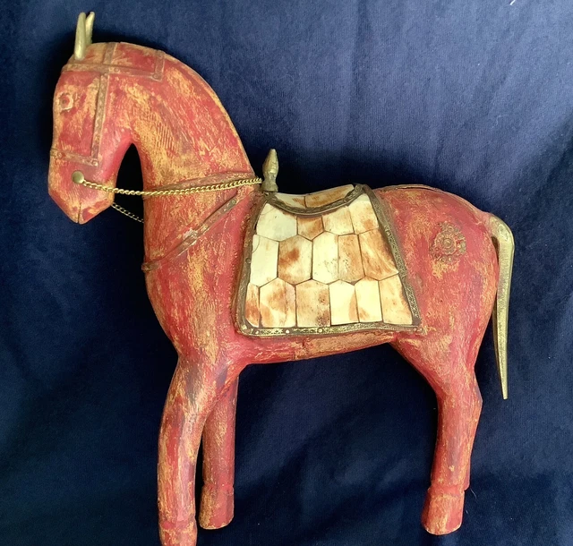 Carved Wooden Horse With Metal Trim, Brass Mane/tail/ Ears