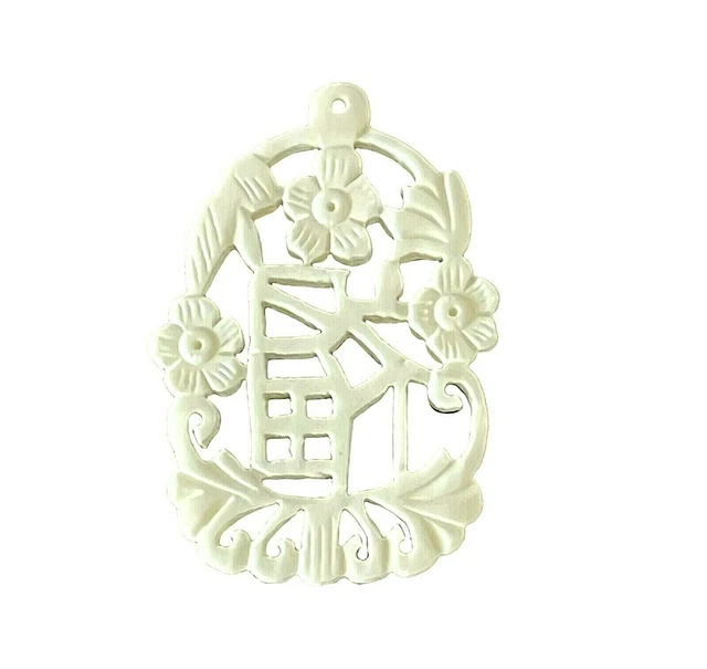 Carved Bone Luck Fortune Asian Symbol Floral Focal Oriental Bead Drop Pendant