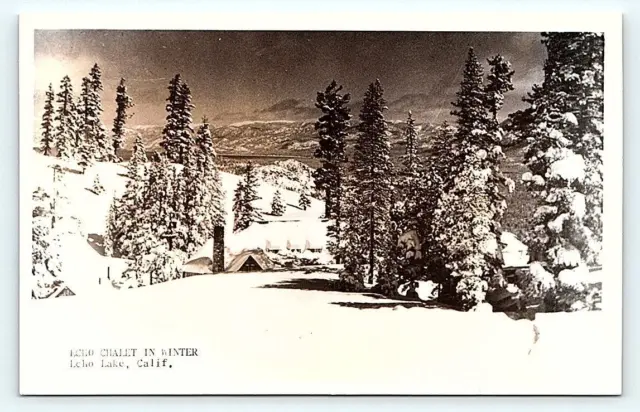 RPPC LAKE TAHOE Area, CA California ~ ECHO LAKE CHALET in Winter c1950s Postcard