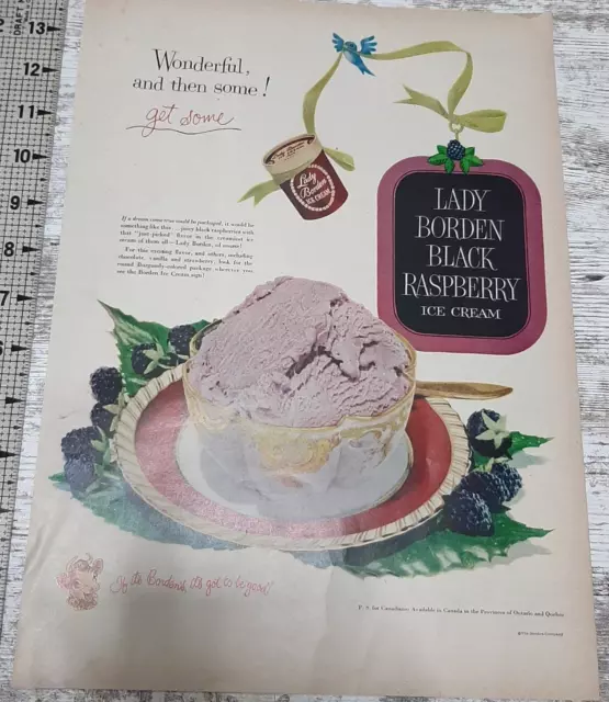 1951 Lady Borden Ice Cream Vintage Print Ad Black Raspberry Bowl Spoon Cow Dream