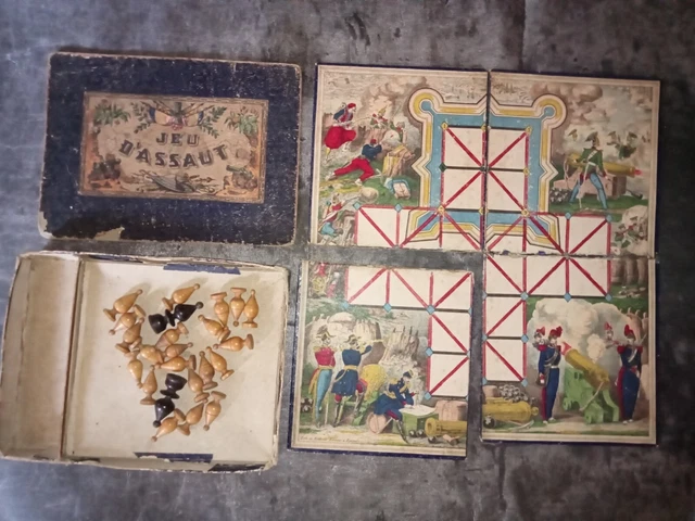 Jeu Ancien Jeu de Siège Jeu d' assaut avec pions et boite milieu XIX