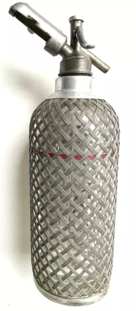 Large Vintage Red Line Art Deco Wire Mesh Seltzer Water Bottle Thick Czech Glass