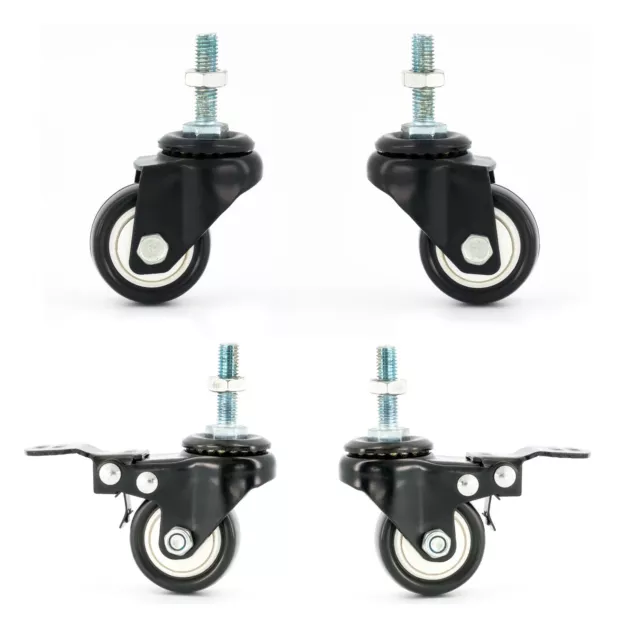 Castor Swivel Wheels x 4, Heavy Duty with Brakes Thread Fixing, M8 Nuts Included