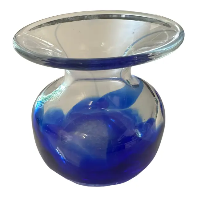 Vintage Studio Art Glass Vase Cobalt Blue & Clear Hand Blown Small Bulb 3.5" H