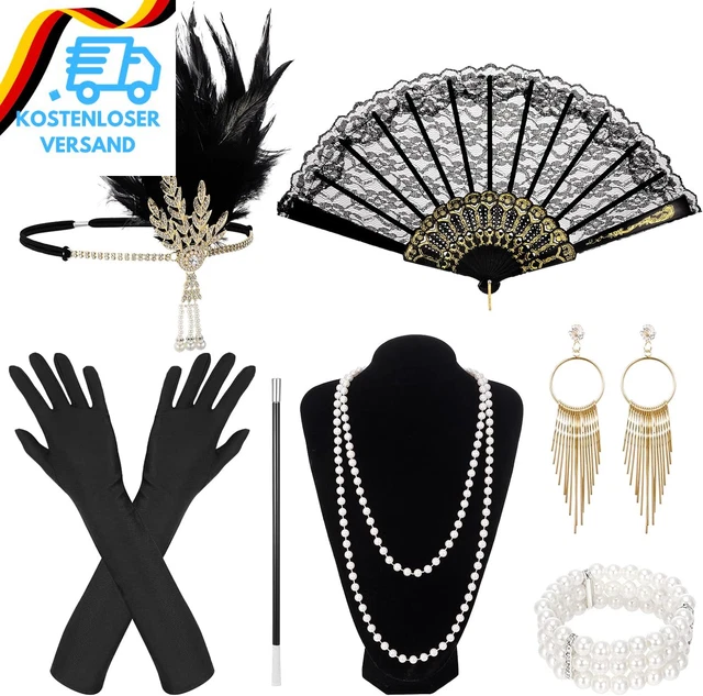 20er Jahre Accessoire Set Damen – 6-teiliges Gatsby Set Mit Perlenkette & Armband | Schwarz, Für Kostümparty & Casino Outfit