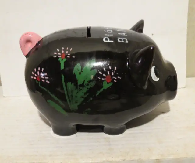 VTG Japan Pottery Ceramic DARK BROWN Piggy bank hand painted Flowers LEFTON?