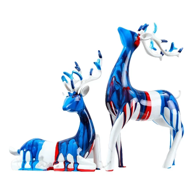 2Pcs Nordic Reindeer Figurines Standing and Sitting Deer Statues Resin Sculpture