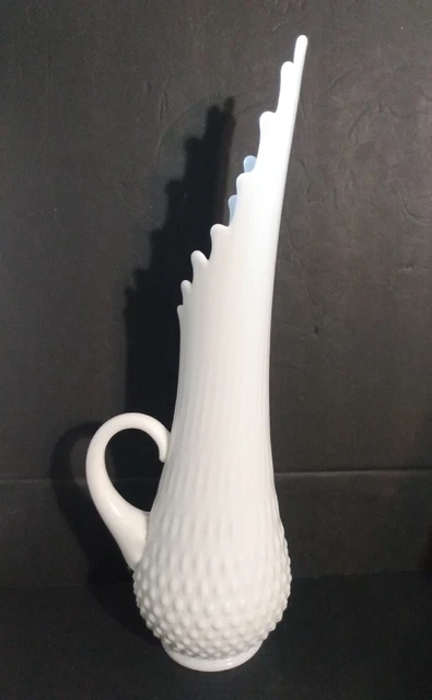 17.25" T! White Milk Glass Swung Hobnail Stretch Pitcher Vase MCM Vintage Fenton