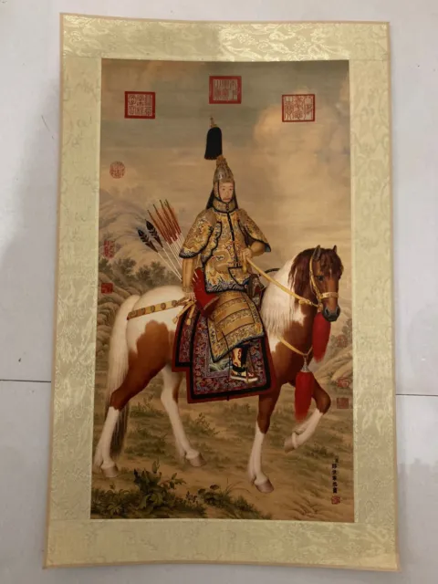 21" art Paper Painting Emperor Qianlong Qing Dynasty rode horses mount picture