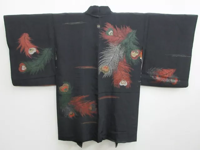 7740K2 Silk Vintage Japanese Kimono Haori Jacket Peacock feather Urushi