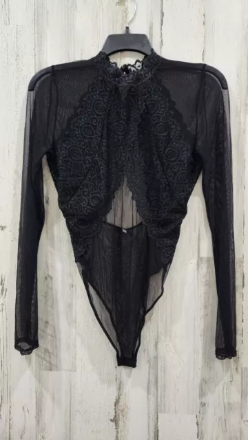 LULUS Size XL Show Stopping Black Sheer Lace Long Sleeve Bodysuit**NWOT**