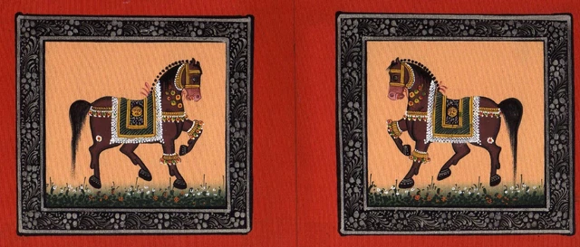 Indien Peinture Miniature De Décoré Cheval Main Fin Art Sur Soie Vêtements