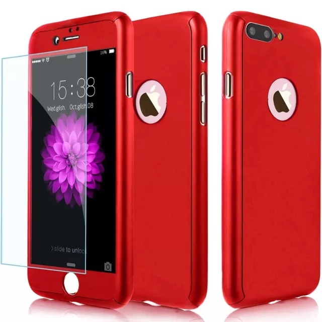 Hybrid 360° Hard Ultra thin Case + Tempered Glass Cover For iPhone 7 Plus Red