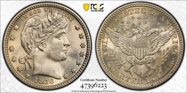 1916-D/D Large/Small D Barber Quarter Fs-501 Ms62 Pcgs Gold Shield