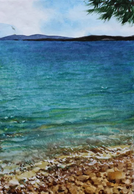 Original Watercolor Painting Seascape Seashore Beach Seascape ACEO Signed