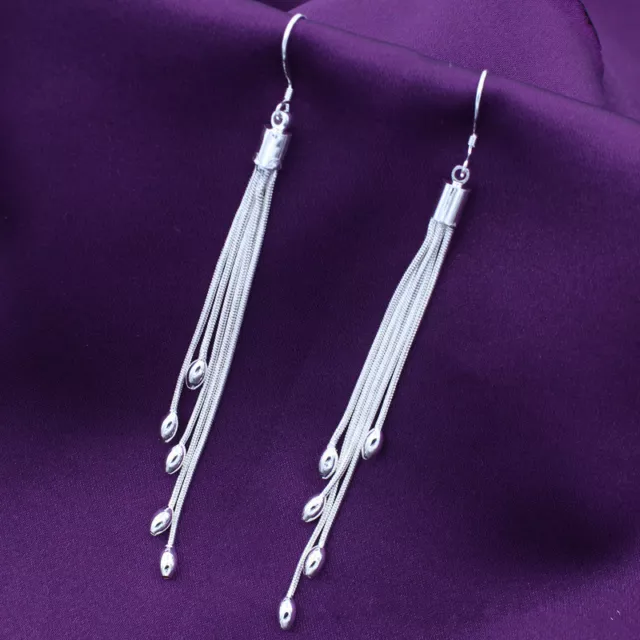 Womens 925 Sterling Solid Silver Long Tassel Drop Dangle Hook Fashion Earrings