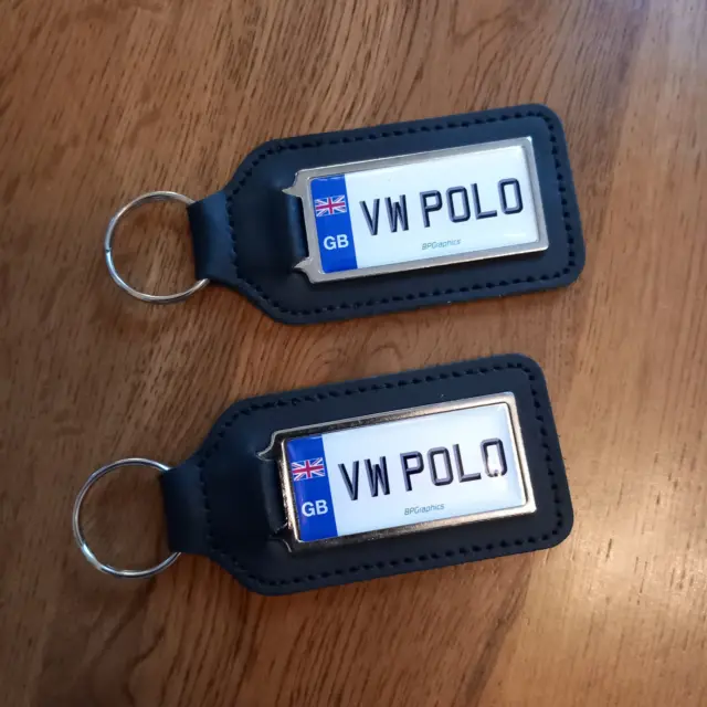 2x VW POLO Reg Front & Rear Number Plates Leather Keyrings Plate Key Fob