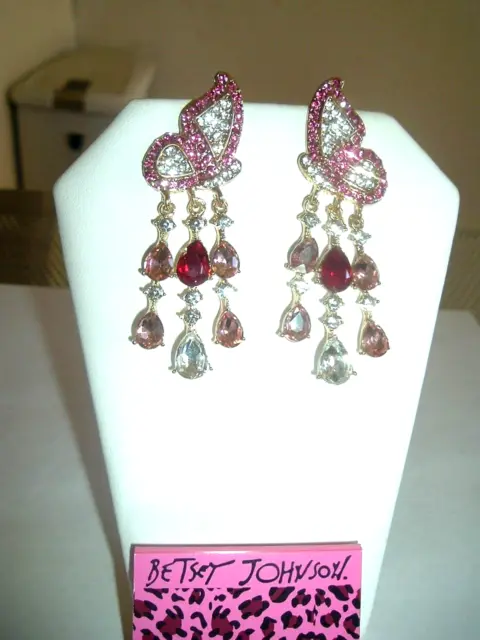 PINK PAVE CRYSTAL Long Dangling Butterfly Betsey Johnson Pierced ...