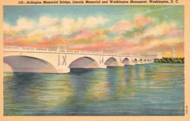 Vintage Postcard 1930's Arlington Memorial Bridge Lincoln & Washington Monument