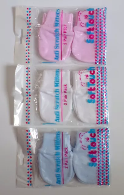 Soft Touch Baby Scratch Mittens White, Pink or Blue 100% Cotton 2 pair pack