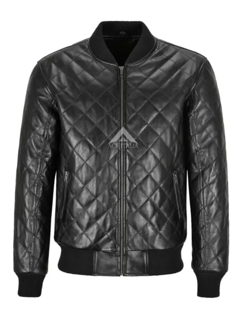 Mens 70s Bomber Leather Jacket Black Quilted Street Inspired Retro Jacket 275-D