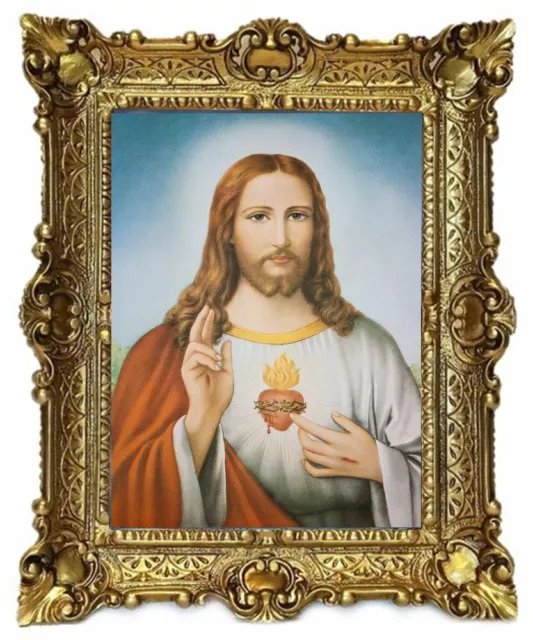 Gemälde Wandbild Gott Jesus Christus Herz Wand Bild mit Rahmen BAROCK 56x46 cm