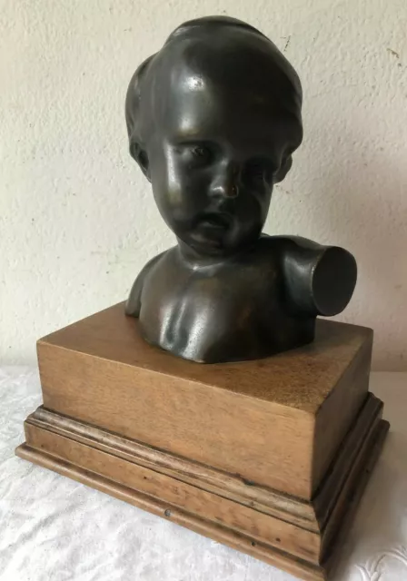 Vecchia scultura /statua Busto di bambino in bronzo -  base legno