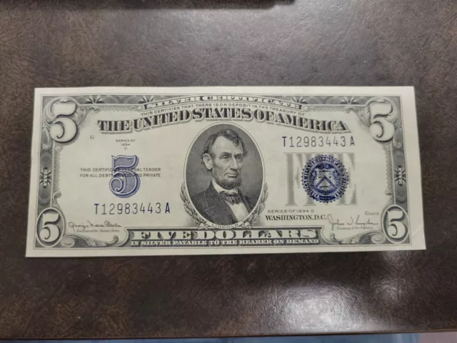1934 D Five DOLLAR SILVER CERTIFICATE $5 Note Bill NICE